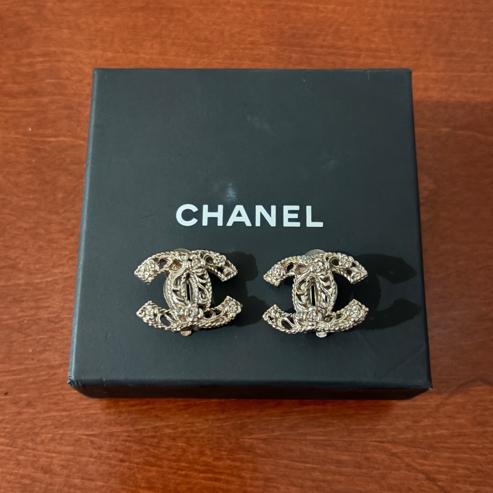 Chanel Silver CC Crystal Clip On Earrings